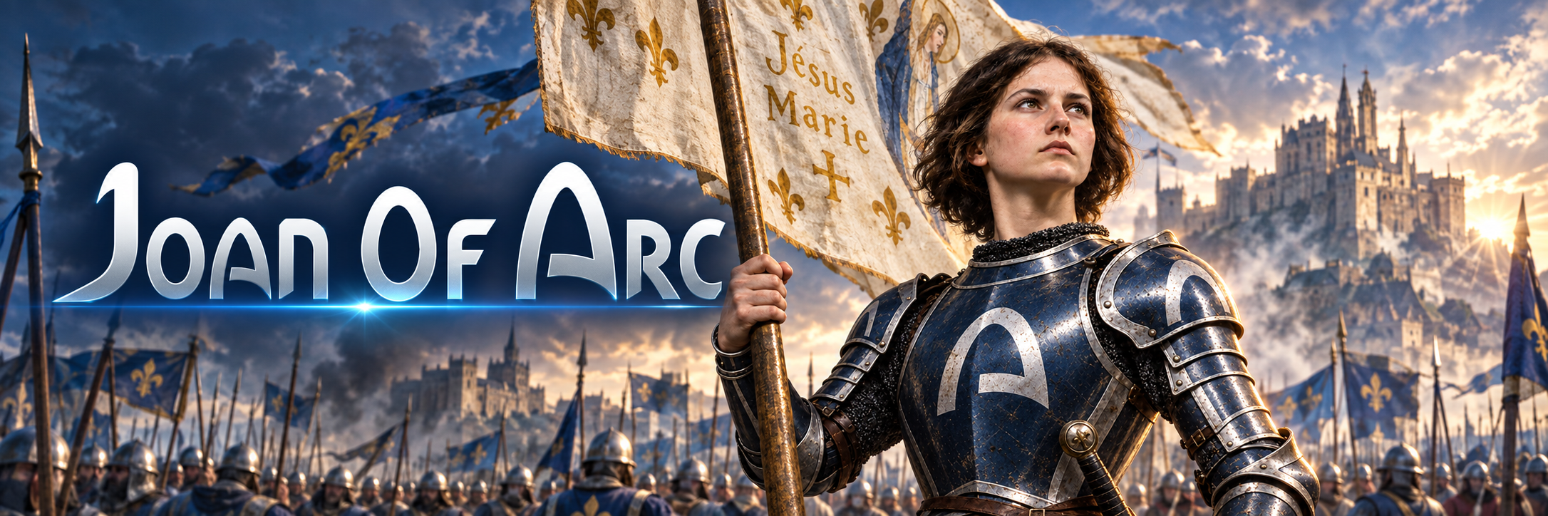 Joan of Arc banner: moonlight name, steel saint, and the army beneath the spires